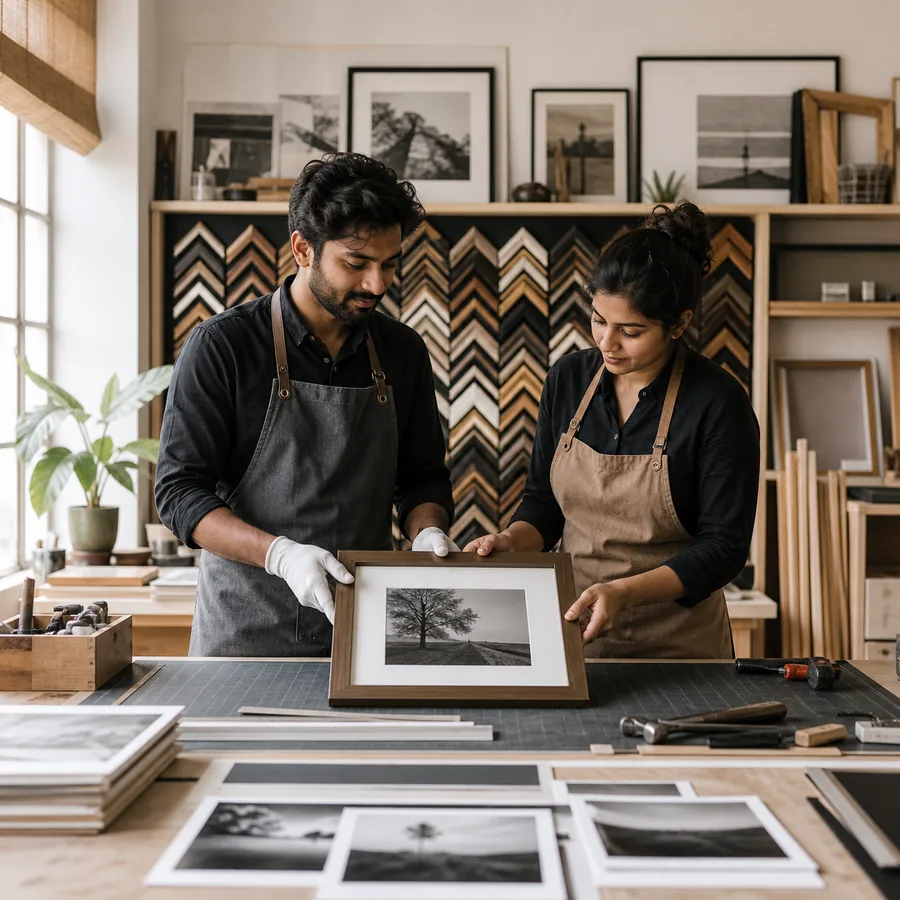 Infikre studio craftsmen preparing a custom photo frame